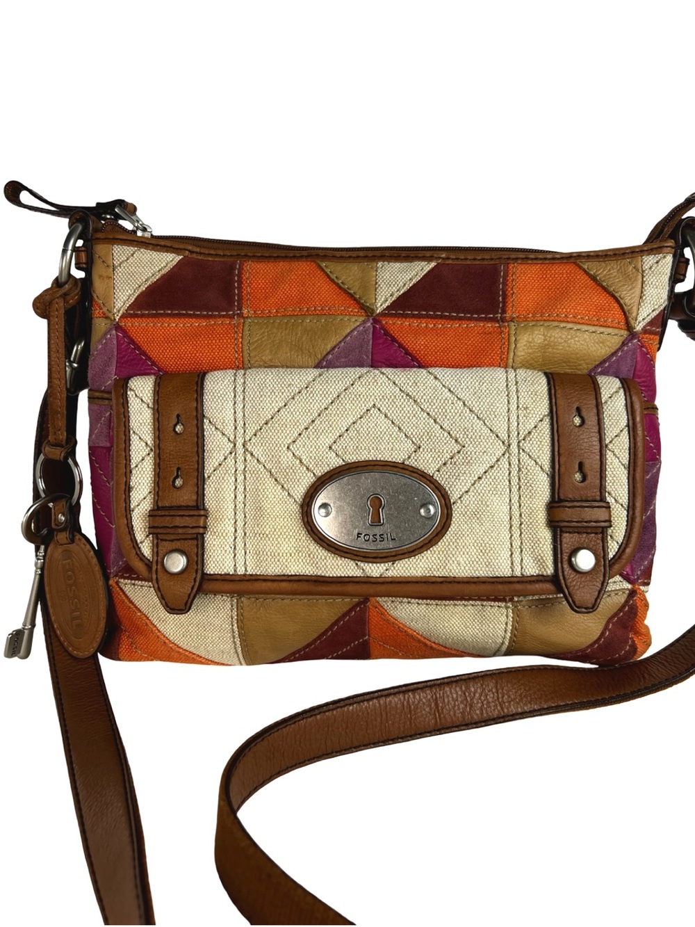 Fossil ZB4687 Patchwork Crossbody Bag Y2K Boho Leather Canvas Key Charm - Picture 2 of 12